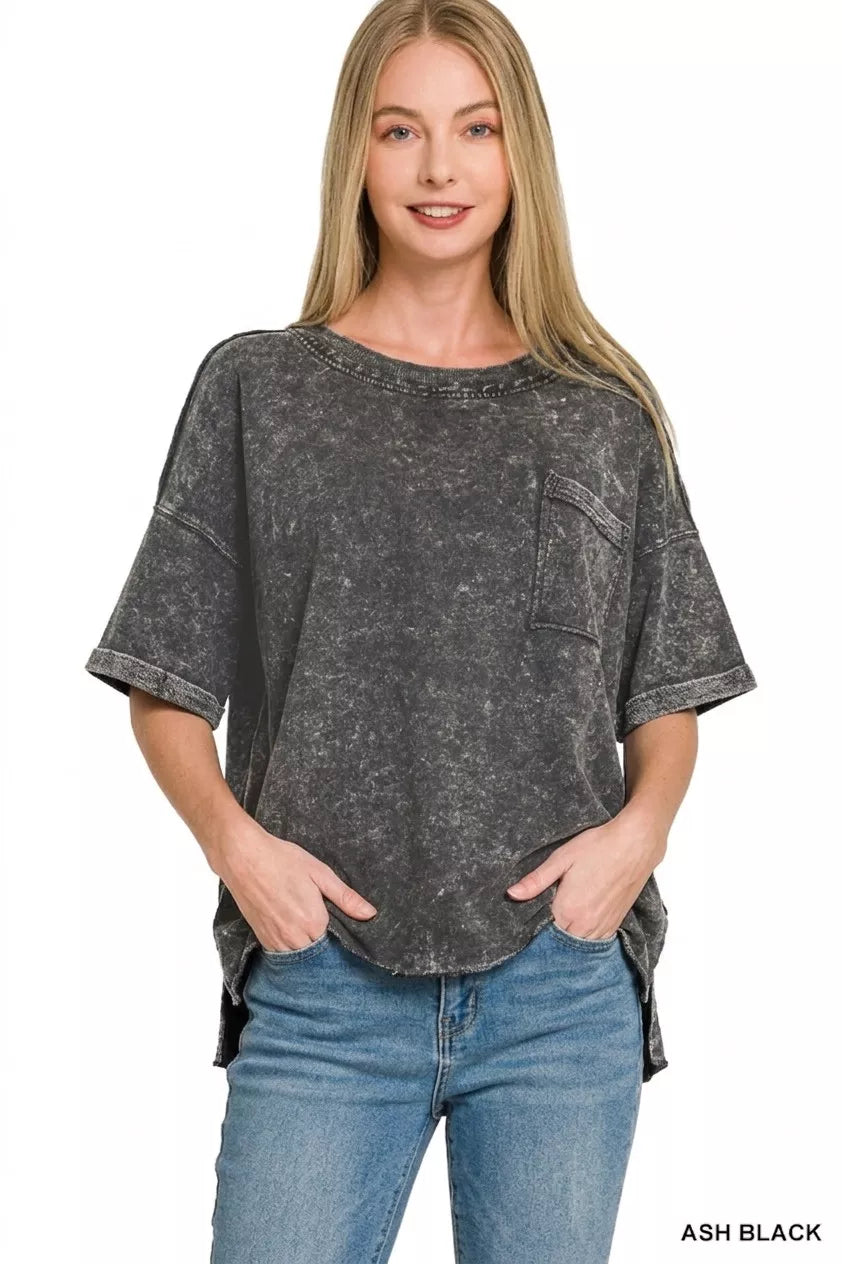 Zenana French Terry Acid Washed Exposed Seam T-shirts