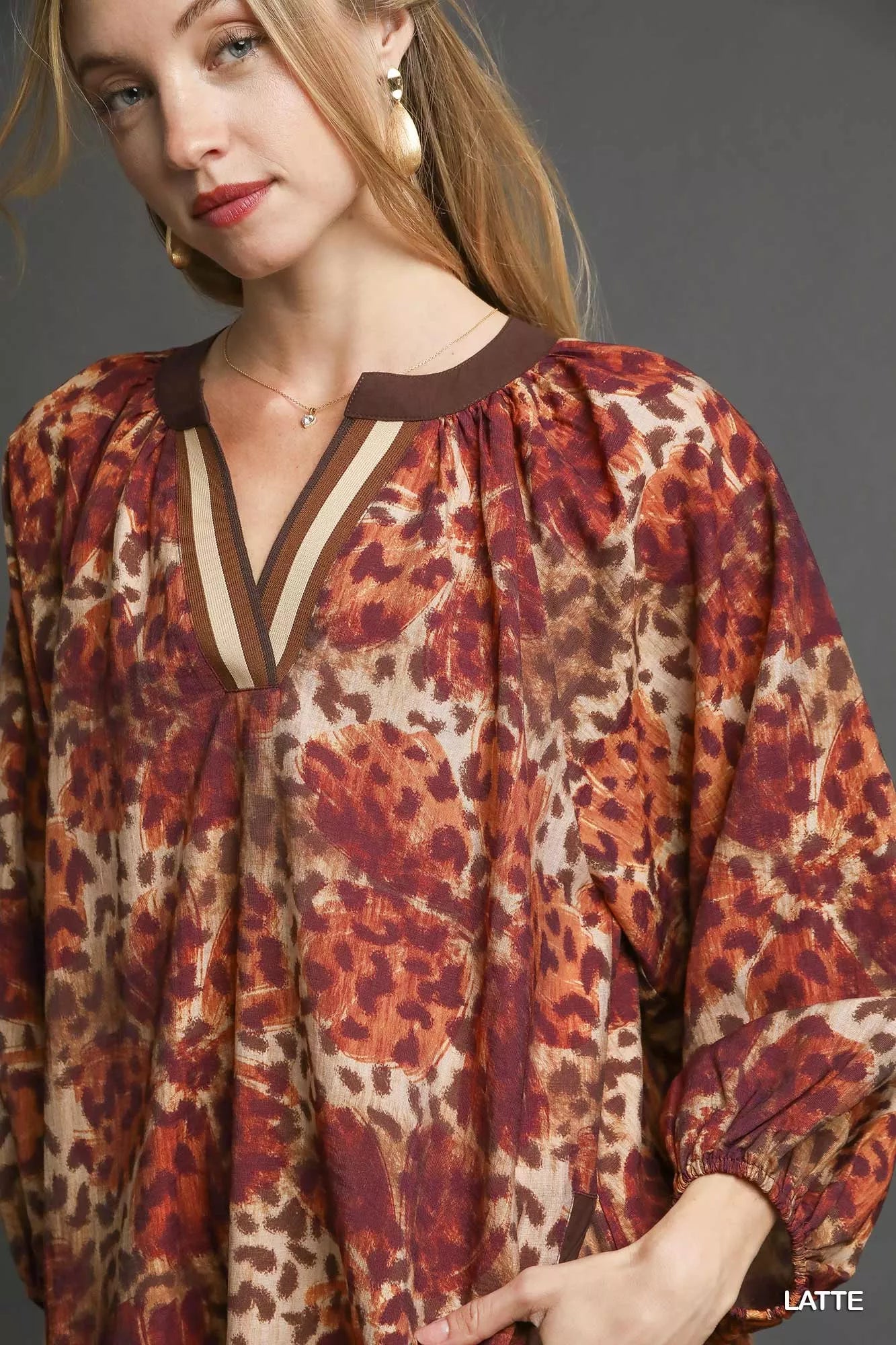 Umgee Animal Print Boho Tunic Dress with Contrast Trim Detail