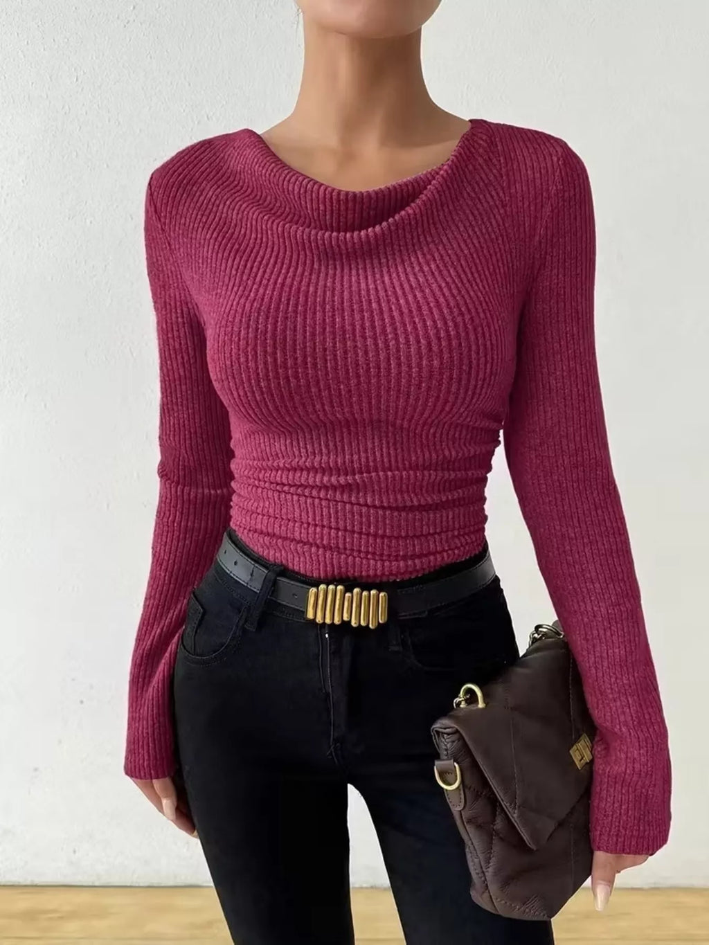 Cowl Neck Ribbed Long Sleeve Sweater