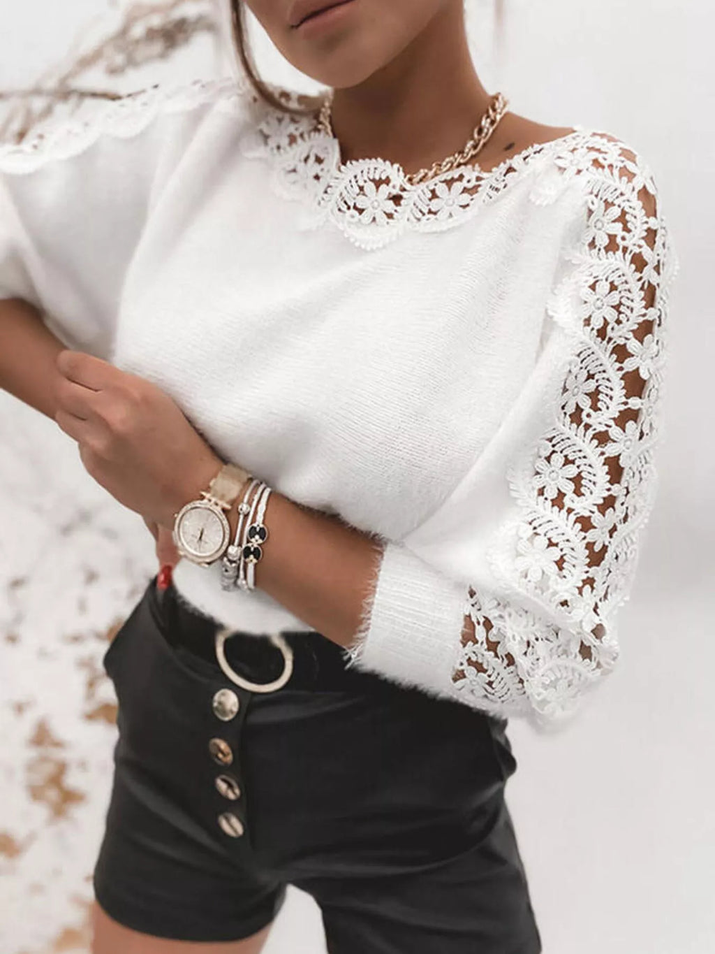 Lace Trim Round Neck Sweater