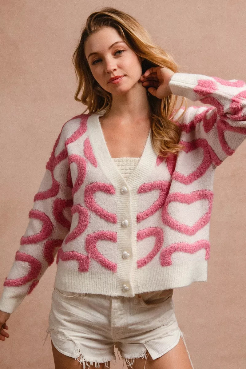 BiBi Textured Heart Buttoned V Neck Cardigan