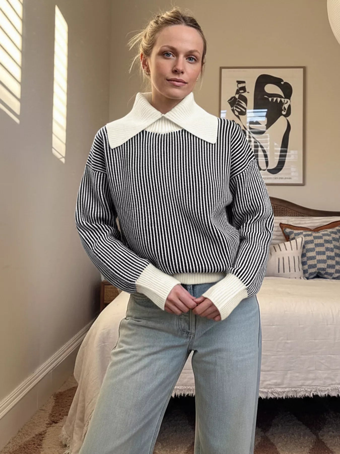 Striped Knit Sweater with Contrast Collar
