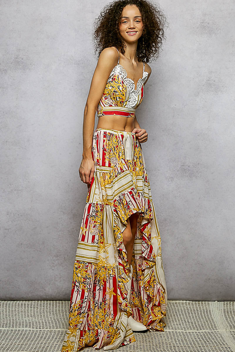POL Boho Chic Floral Print Crop Top and High-Low Skirt Set
