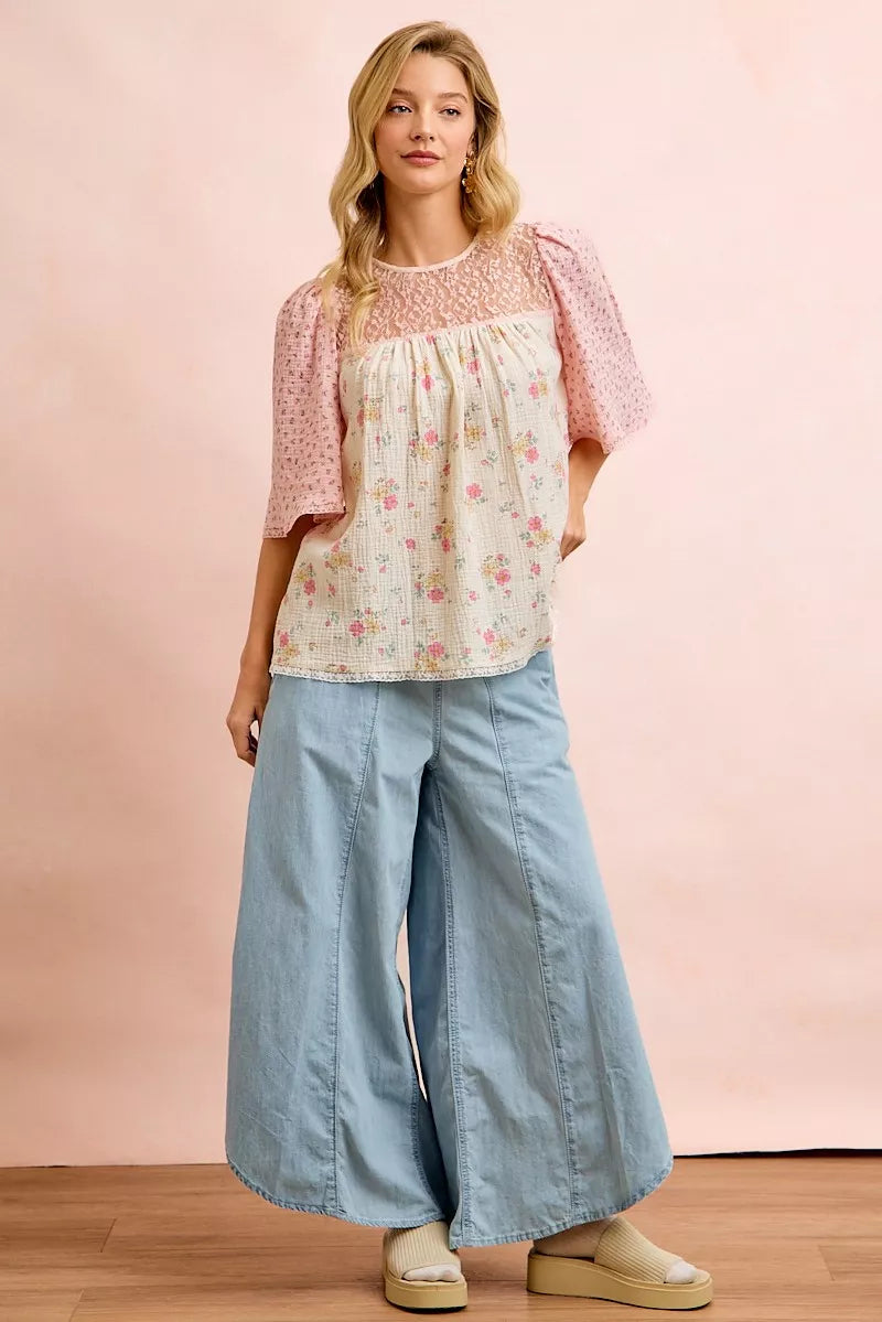 BiBi Crinkle Floral Gauze Mix And Matched Blouse Top