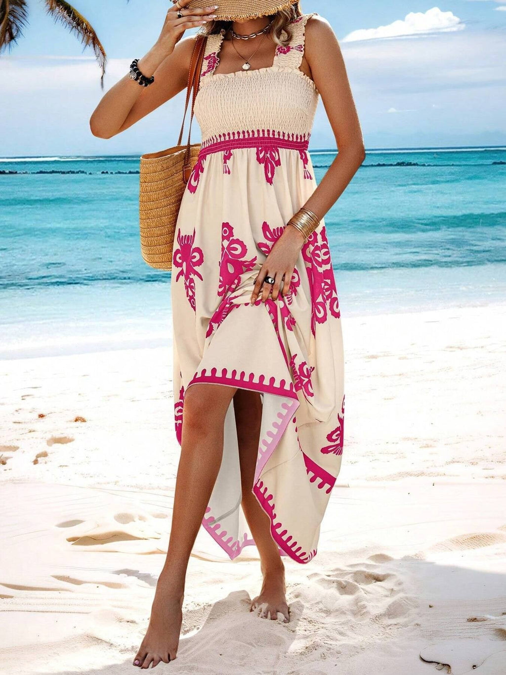 Smocked Bodice Colorful Print Tank Dress