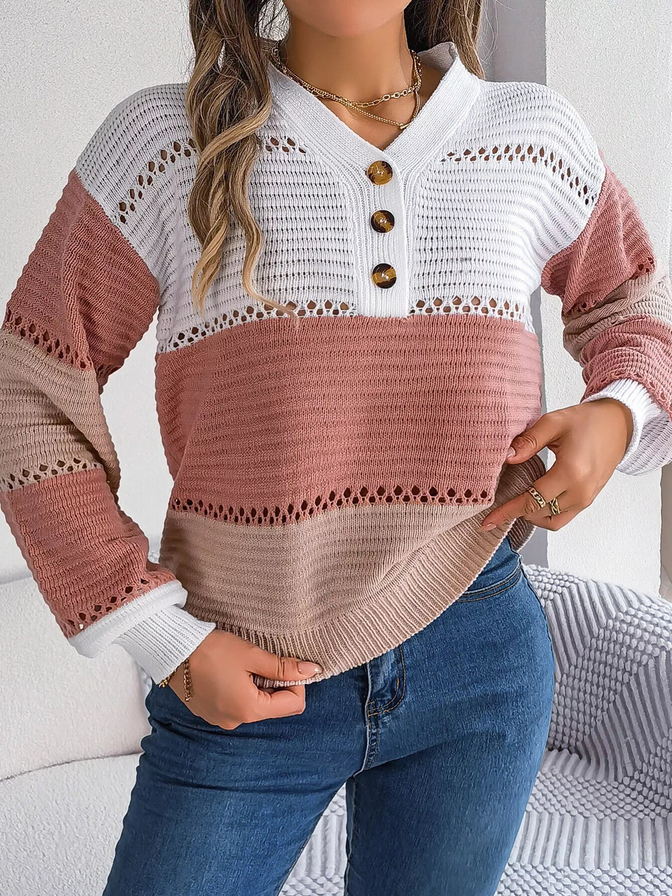 Color Block Striped V-Neck Button Detail Sweater
