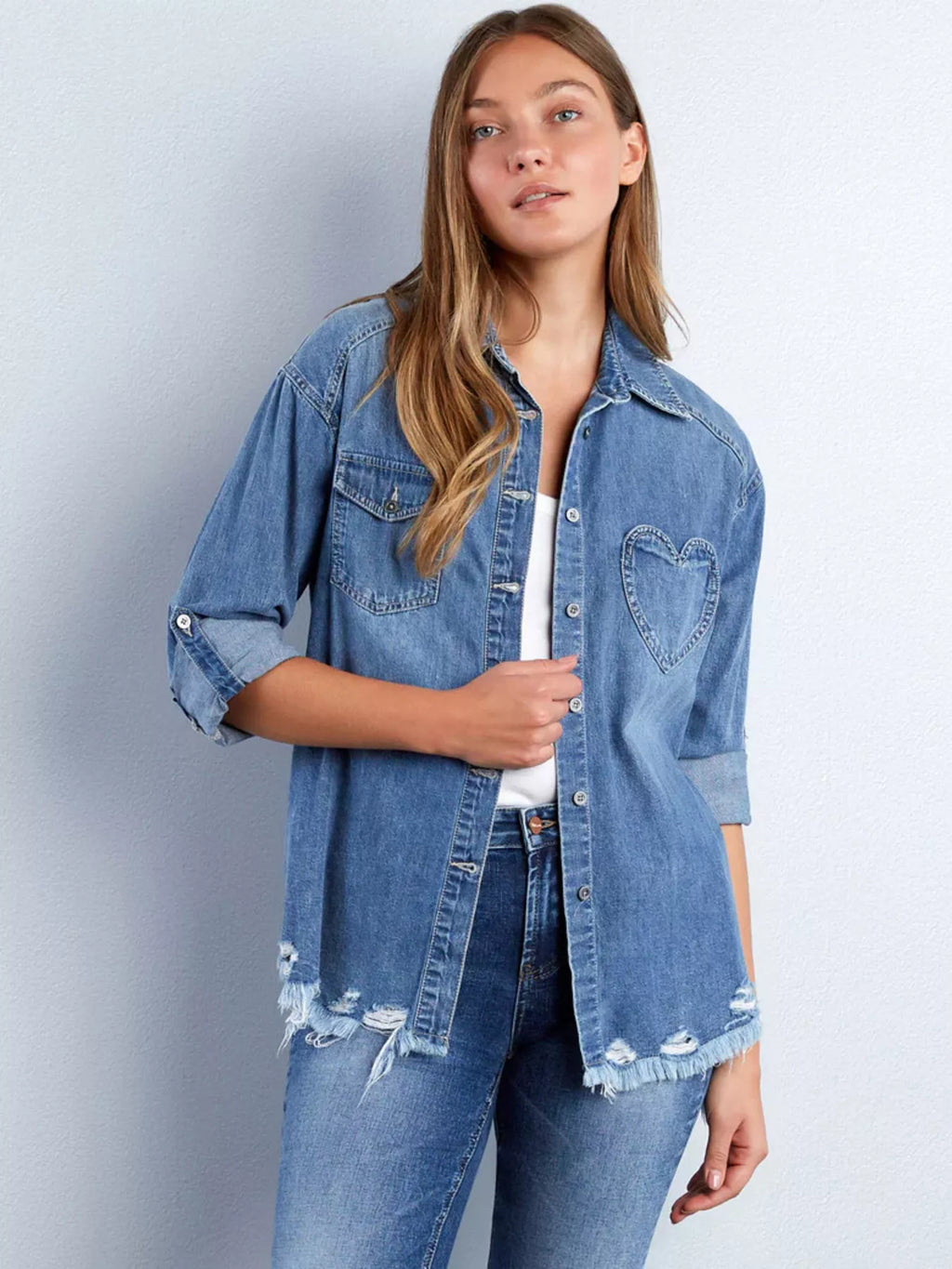 Frayed Hem Roll-Up Sleeve Denim Shirt