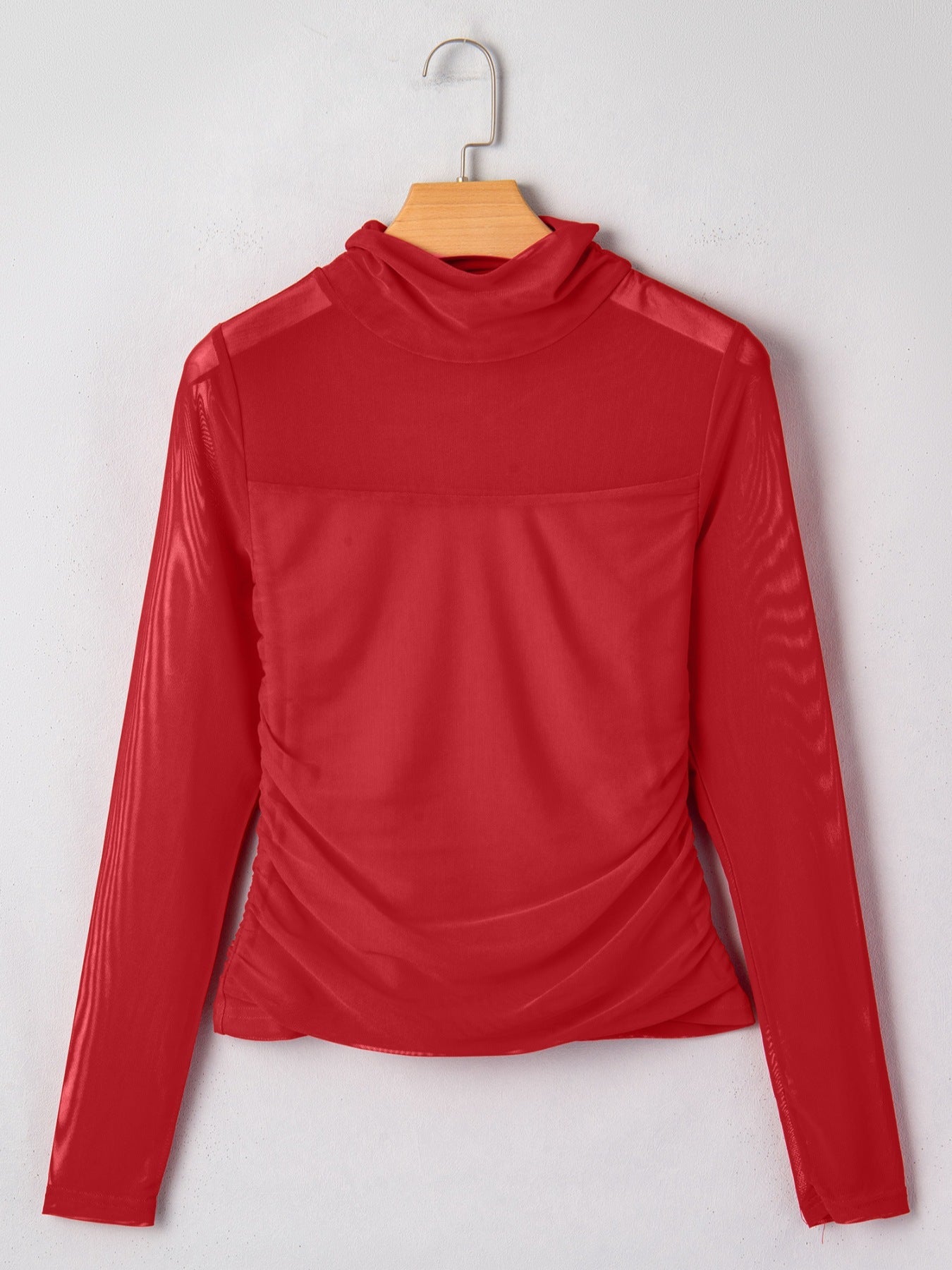 Sheer Mesh Patchwork High Neck Long Sleeve Top