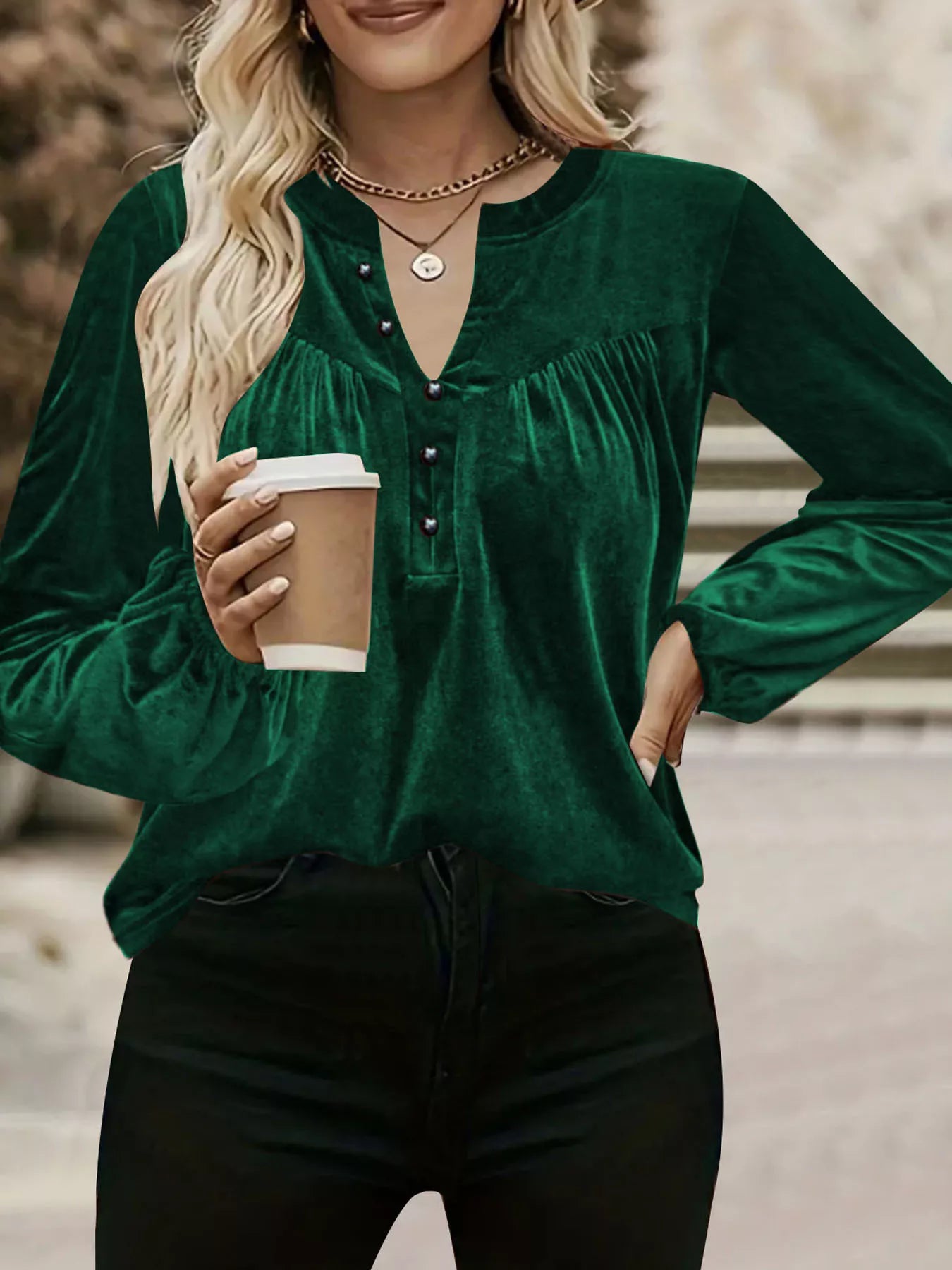 Velvet Balloon Sleeve Blouse