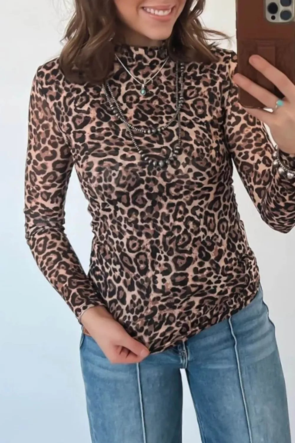 Leopard High Neck Long Sleeve Western Slim Top