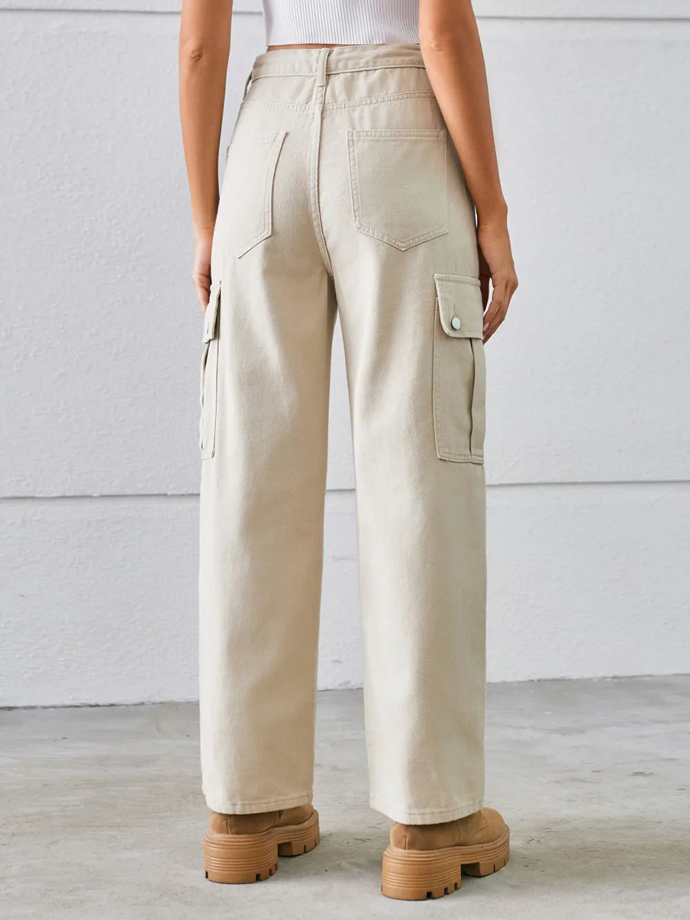 Drawstring Mid-Rise Waist Straight Cargo Jeans