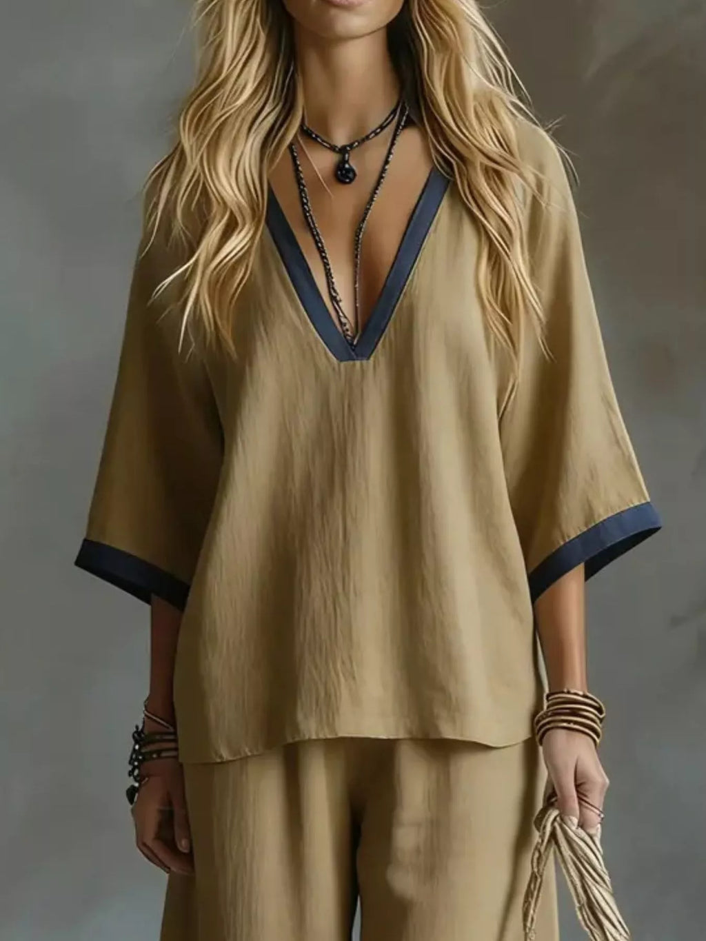 Contrast Trim V-Neck Top and Pants Set