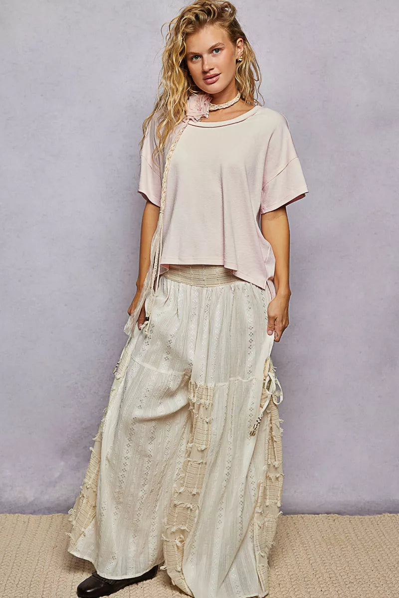 POL Round Neck Short Sleeve T-Shirt with High Low Hem