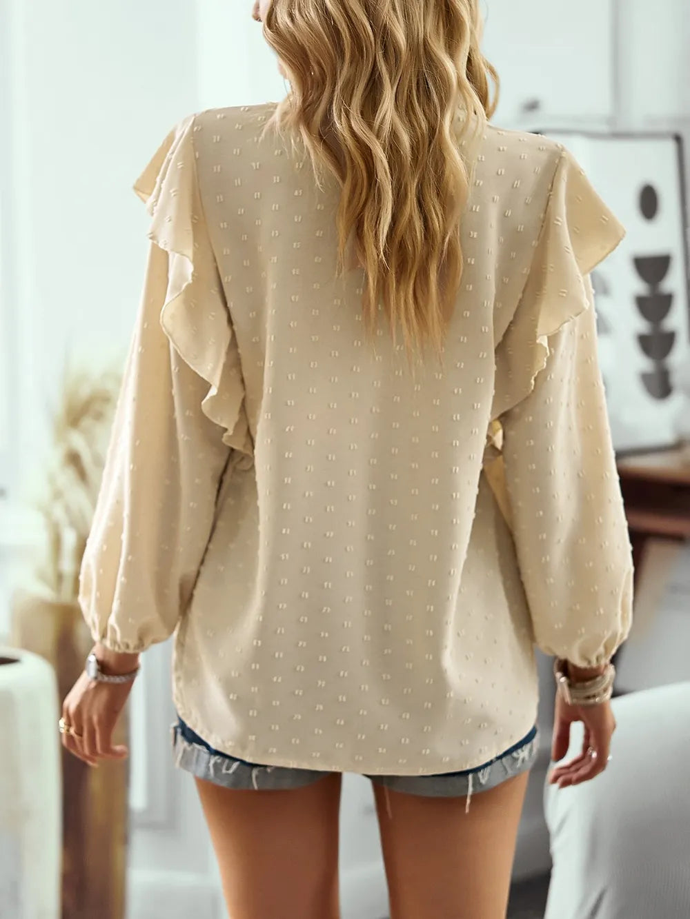 Swiss Dot Ruffled Long Sleeve Blouse