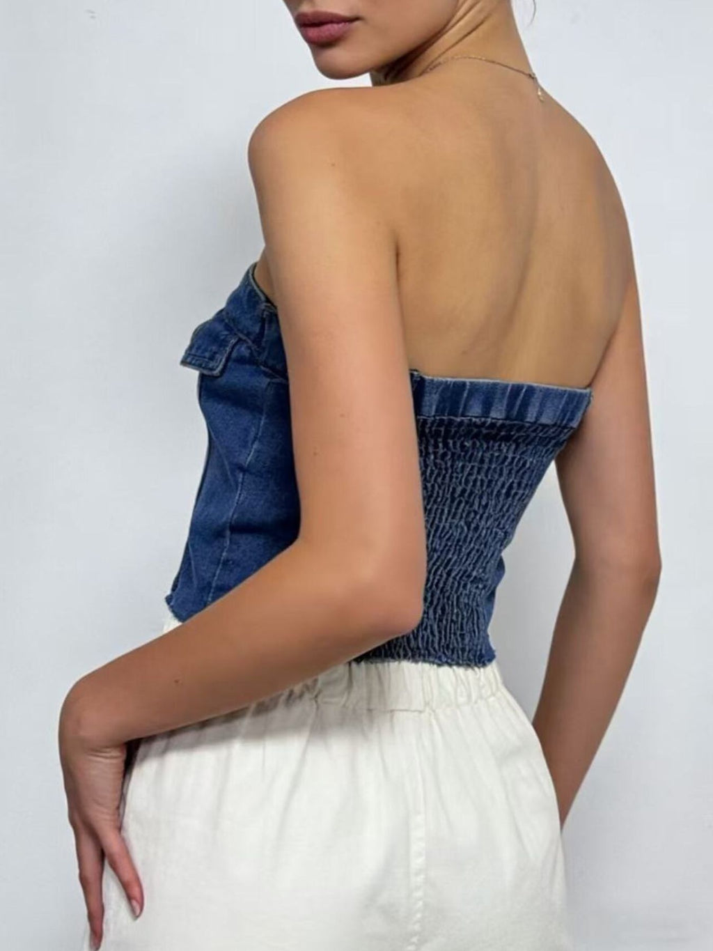 Button Front Denim Tube Top