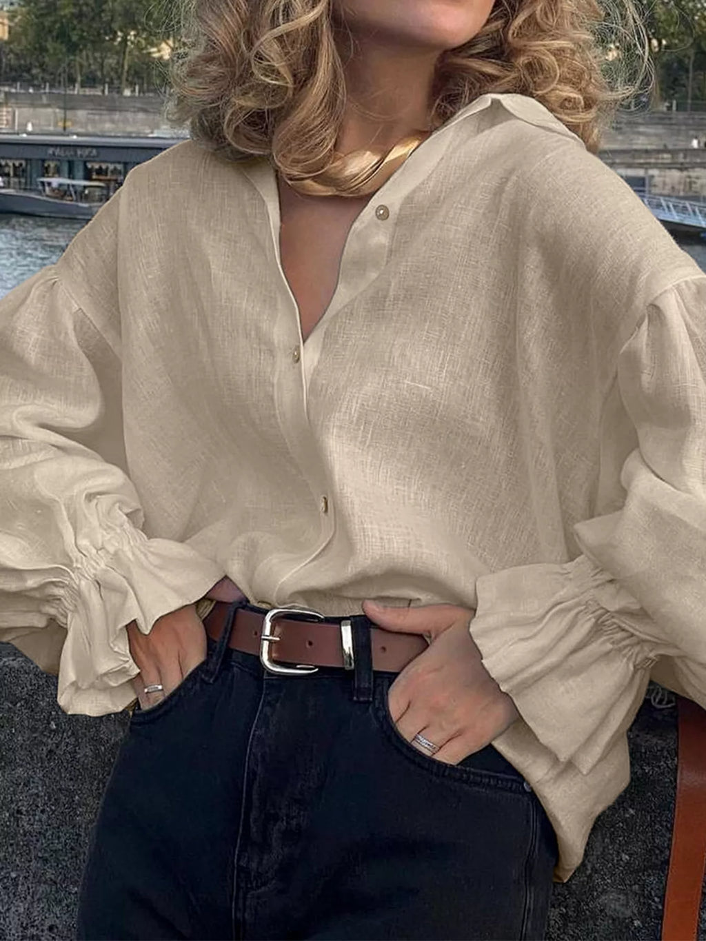 Button-Down Flounce Sleeve Shirt