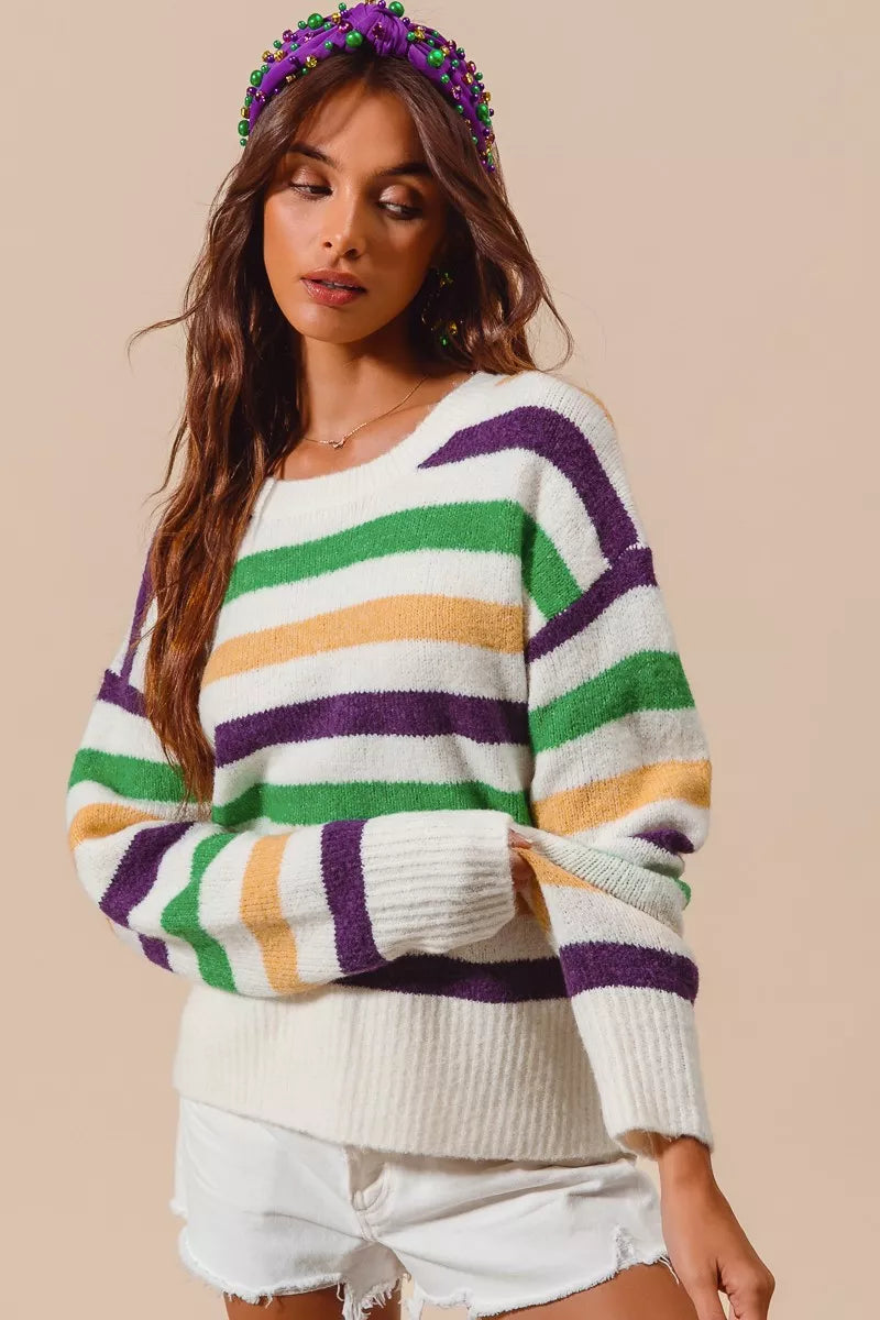 SO ME Mardi Gras Color Stripe Round Neck Sweater Top