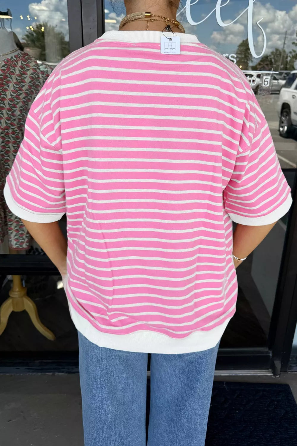Stripe Round Neck Drop Shoulder Short Sleeve Loose Top