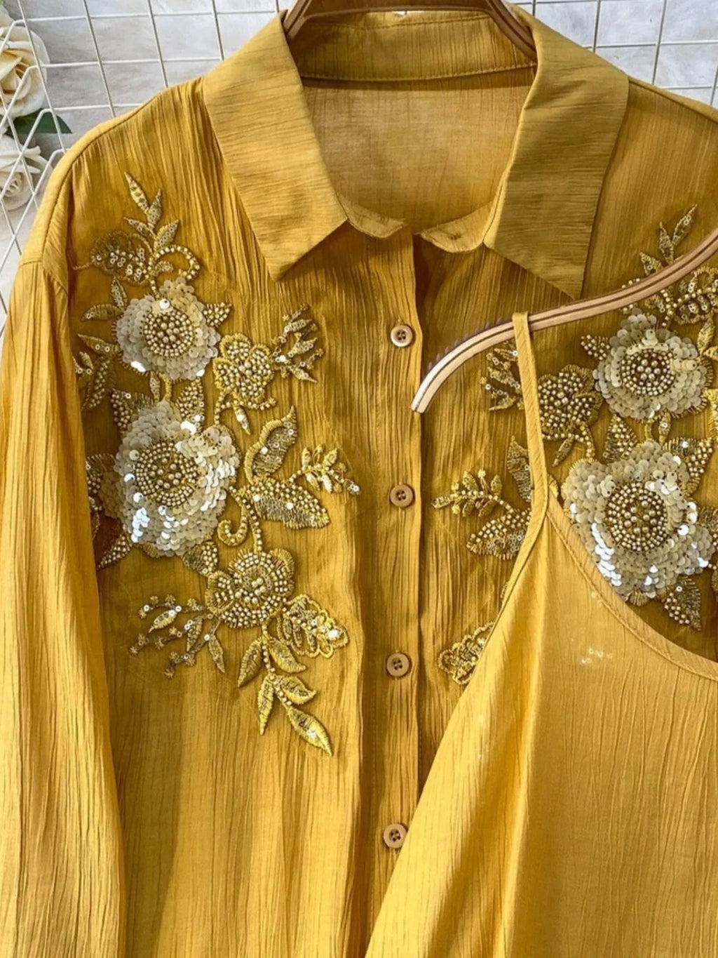 Sequin Flower Button Up Shirt and Cami Dress Set
