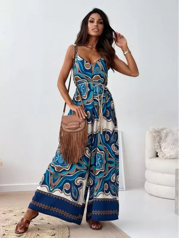 Printed Spaghetti Strap Wide-Leg Jumpsuit