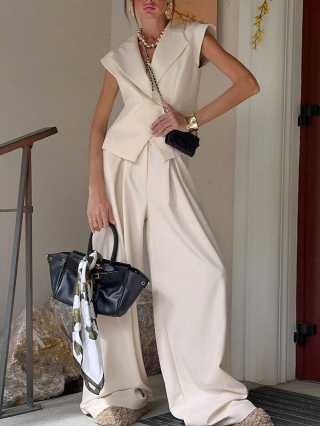 One Button Blazer & Wide Leg Pants Set