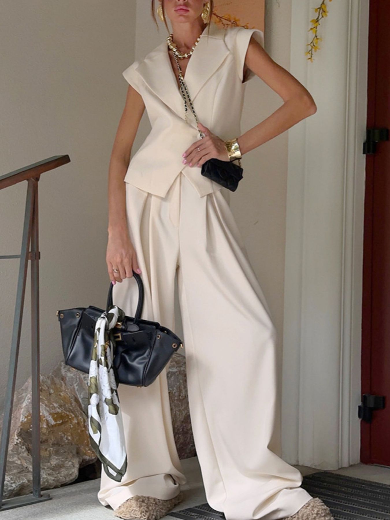 One Button Blazer & Wide Leg Pants Set