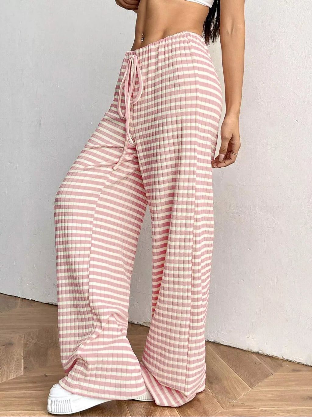 Striped Ribbed Knit Drawstring Waist Wide Leg Pants