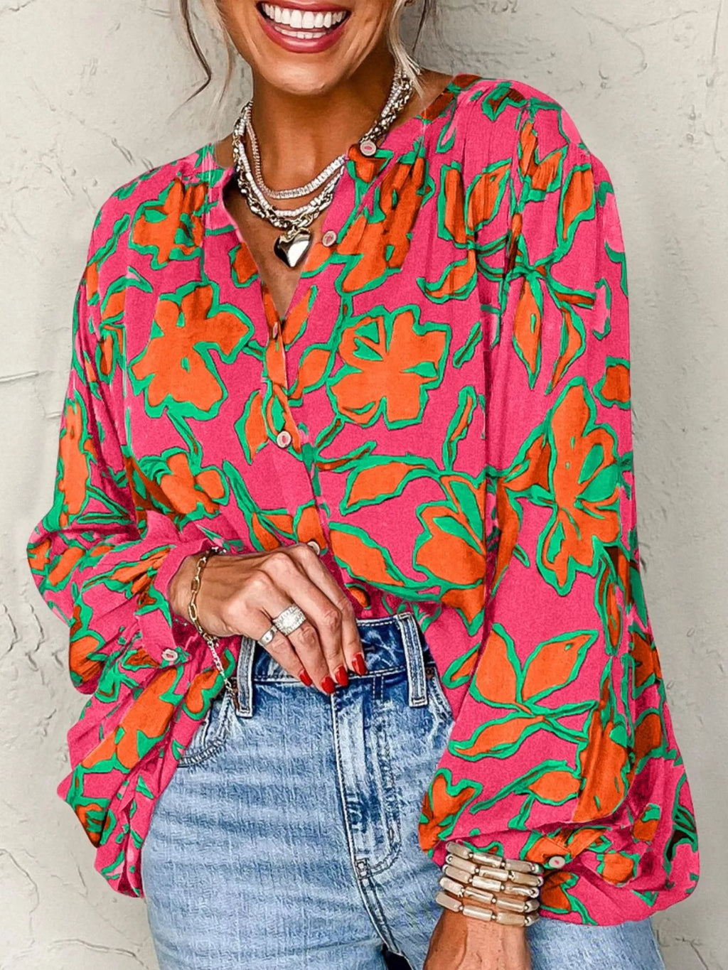 Floral Print Batwing Sleeve Buttoned Loose Fit Shirt