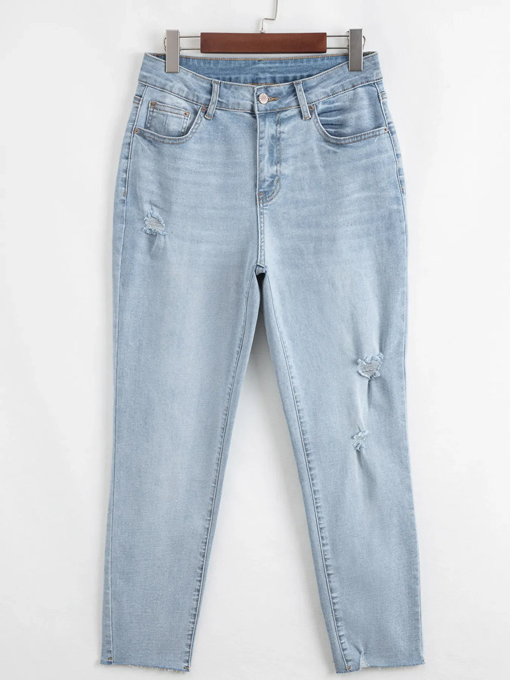 Mid Rise Ankle-Length Distressed Skinny Jeans