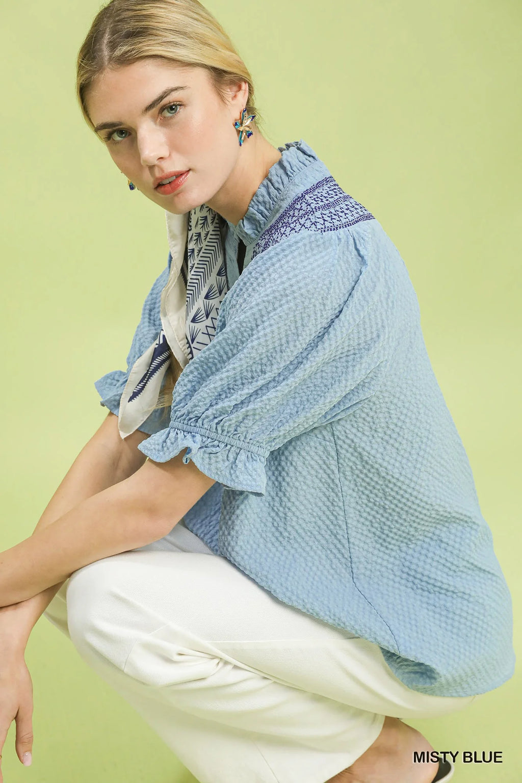 Umgee Textured Henley Blouse with Ruffle Cuffs