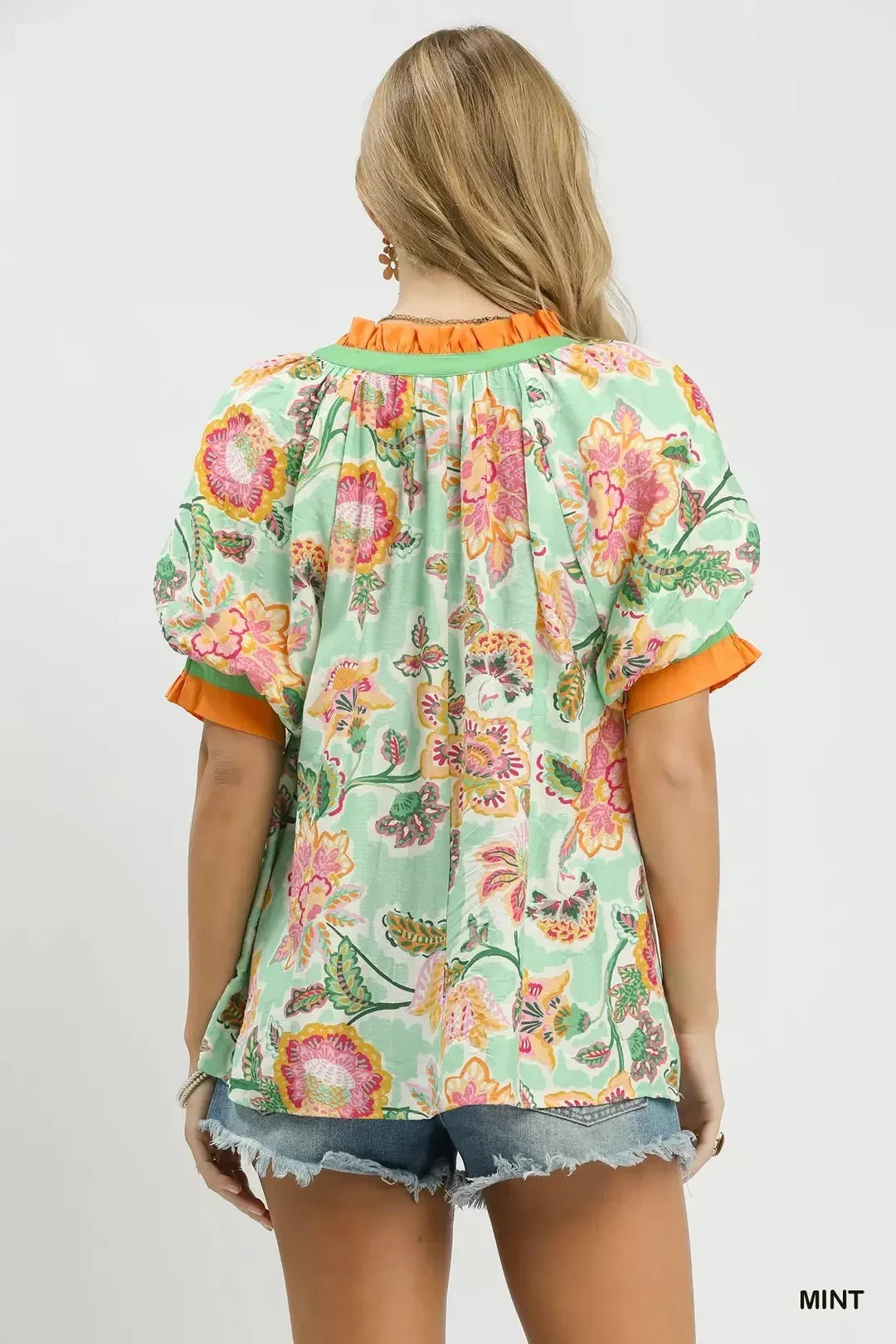 Umgee Floral Print Ruffled Short Sleeve Top