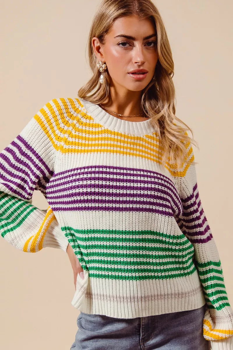 SO ME Mardi Gras Color Striped Raglan Sweater Top