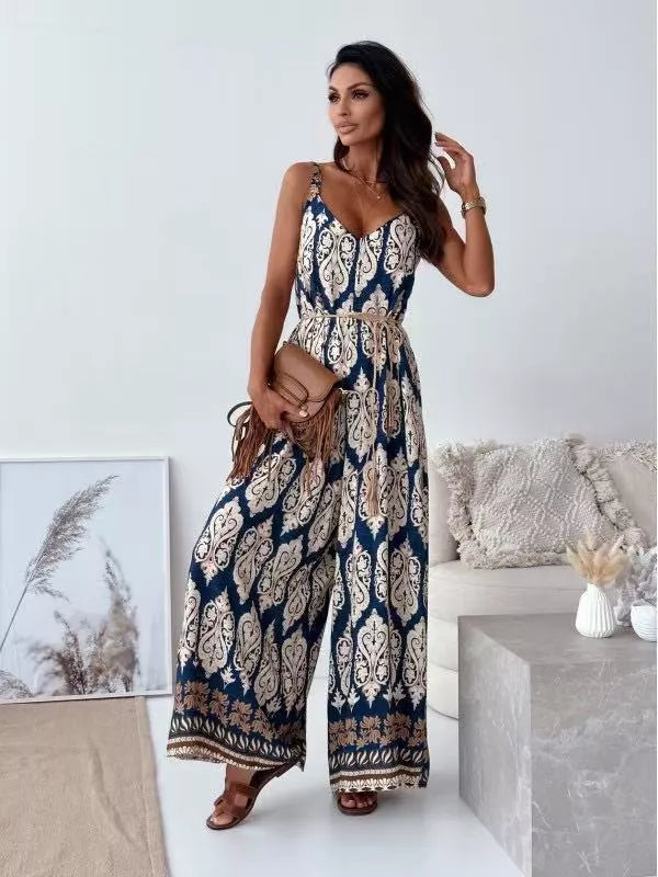 Printed Spaghetti Strap Wide-Leg Jumpsuit