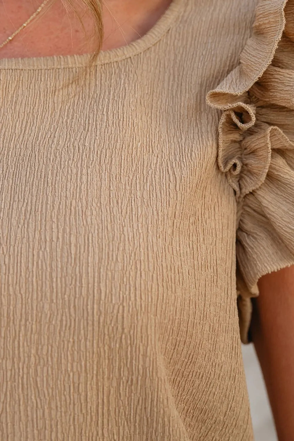 Ruffled Square Neck Textured Cap Sleeve Top