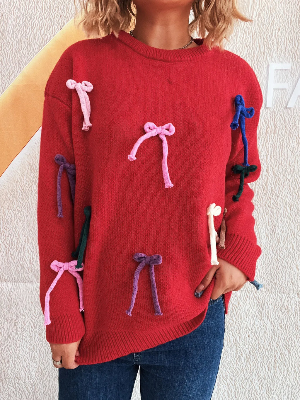 Colorful Bow Round Neck Sweater