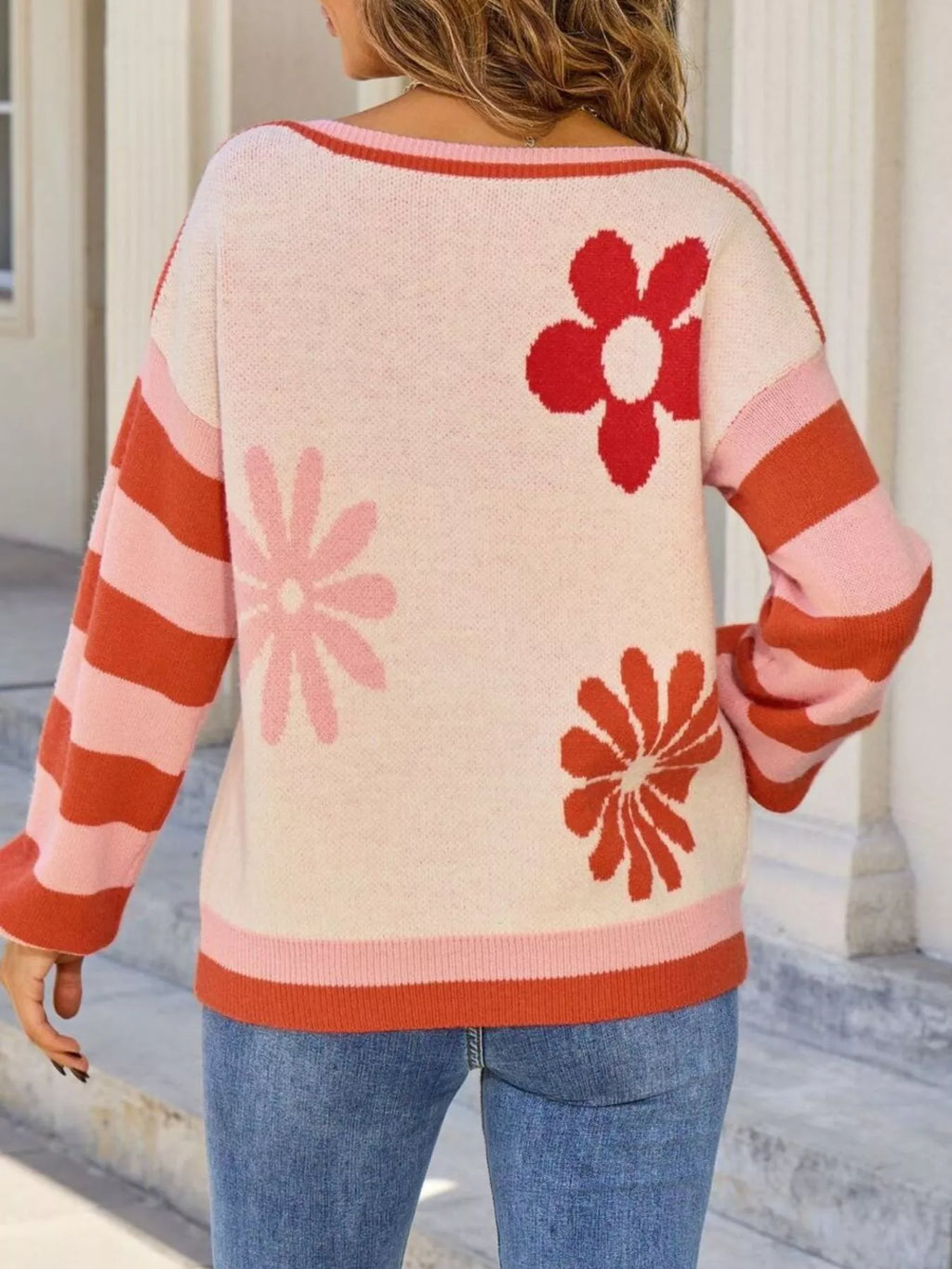 Floral Striped Sleeve Round Neck Sweater