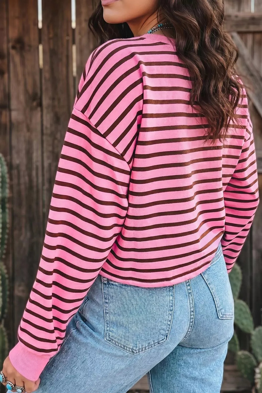 Stripe V Neck Drop Shoulder Long Sleeve Top