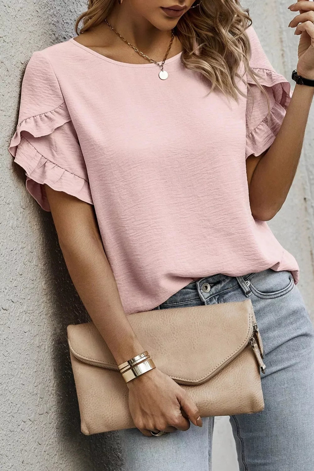 Solid Color Ruffle Trim Short Sleeve Blouse