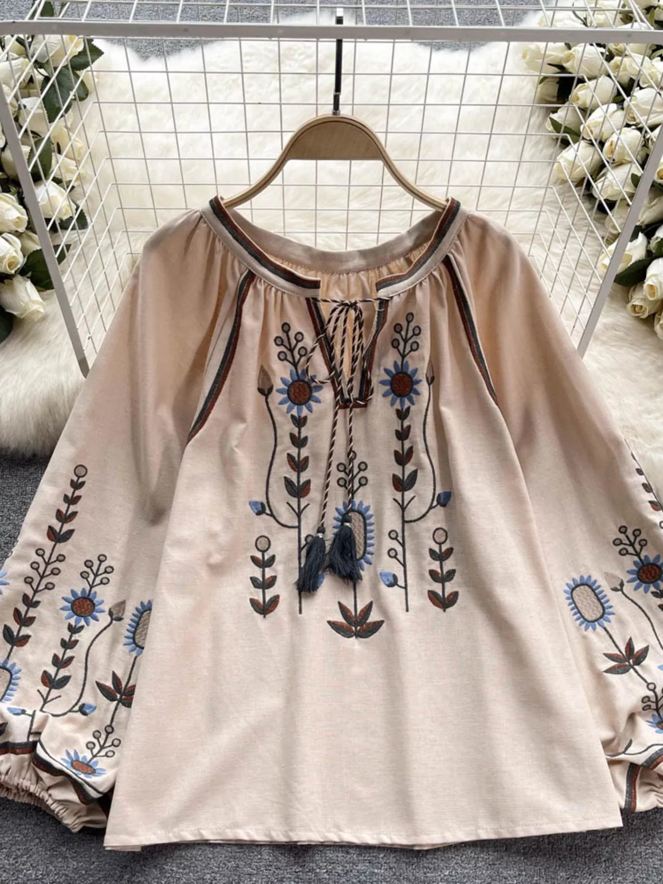 Embroidered Tie Neck Blouse