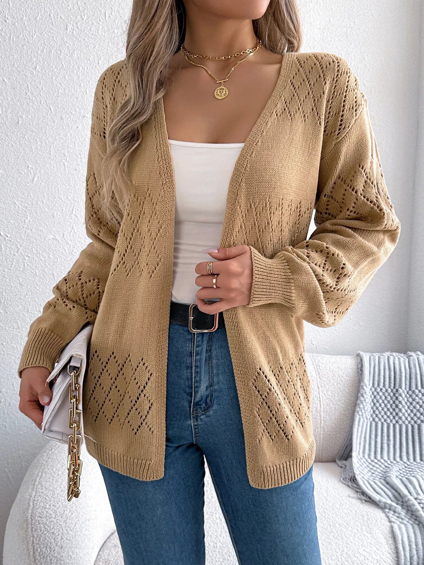 Openwork Open Front Long Sleeve Cardigan