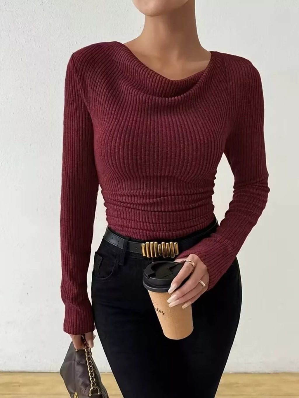 Cowl Neck Ribbed Knit Top