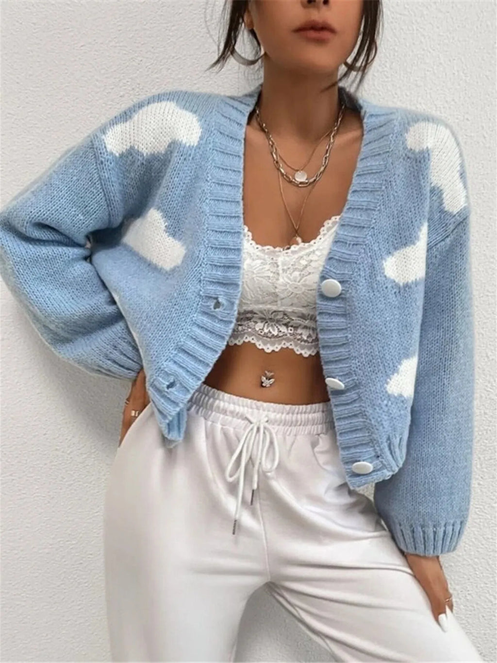 Contrast Cloud Pattern Cropped Button-Up Cardigan