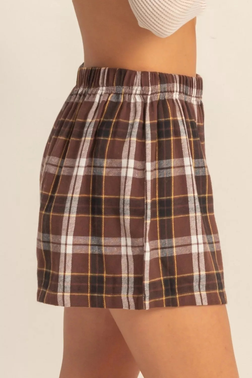 Plaid Button Front Elastic Waist Shorts