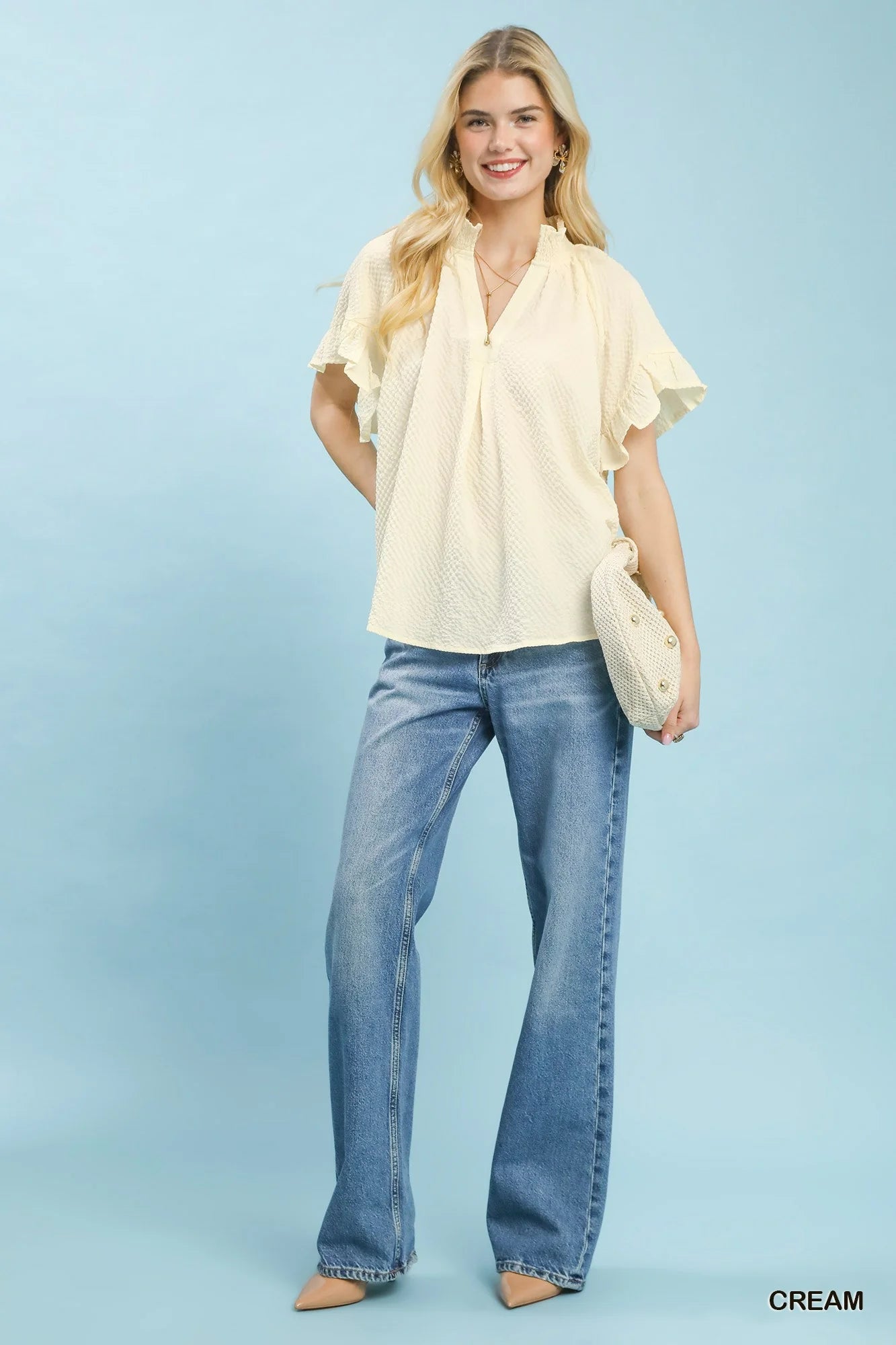Umgee Textured Ruffle Sleeve Blouse