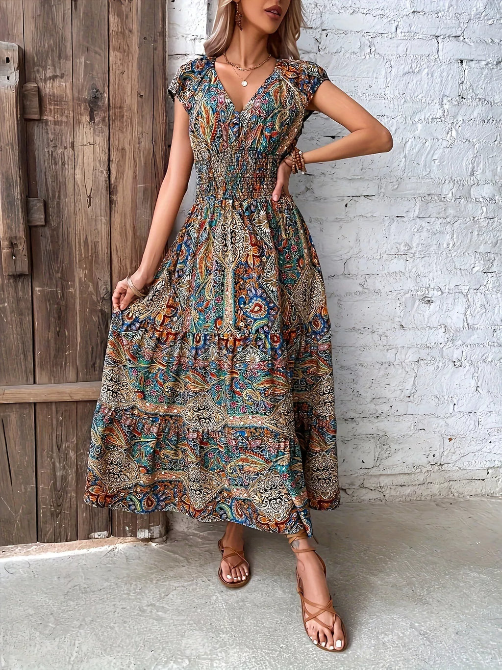 Paisley Print Cap Sleeve Maxi Dress