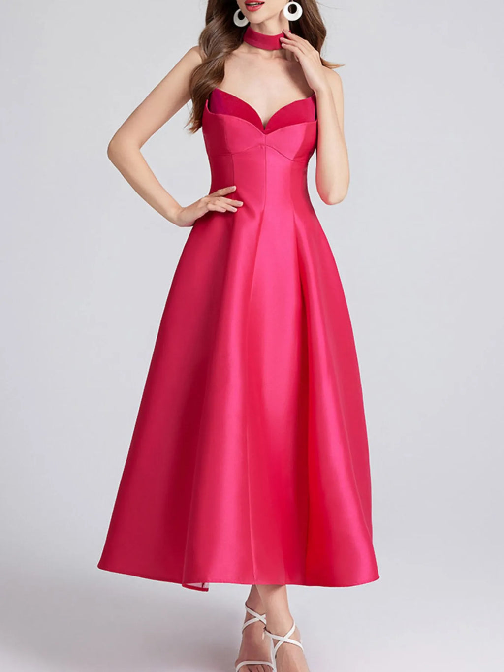 Sweetheart Spaghetti Strap Midi Dress with Collar