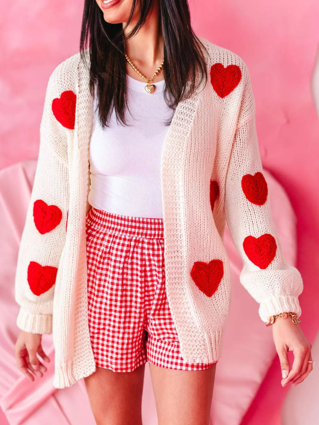 Heart Open Front Dropped Shoulder Cardigan