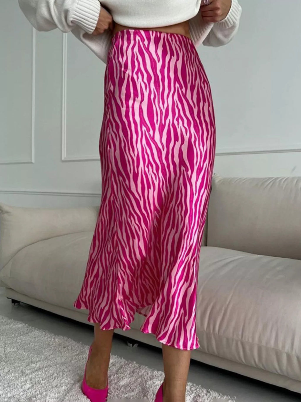 Satin Zebra Print Midi Skirt