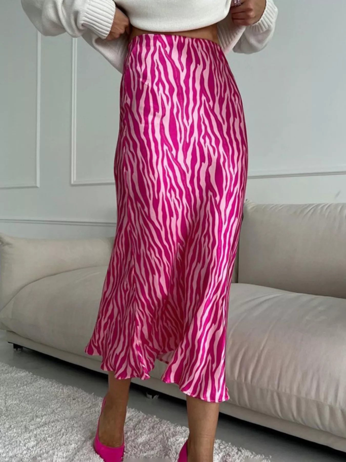Satin Zebra Print Midi Skirt
