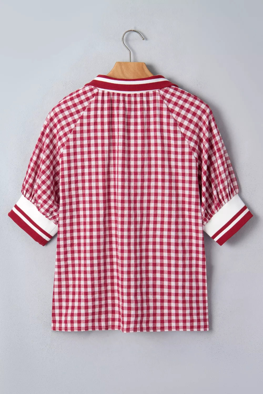Gingham Puff Sleeve Quarter Zip Blouse